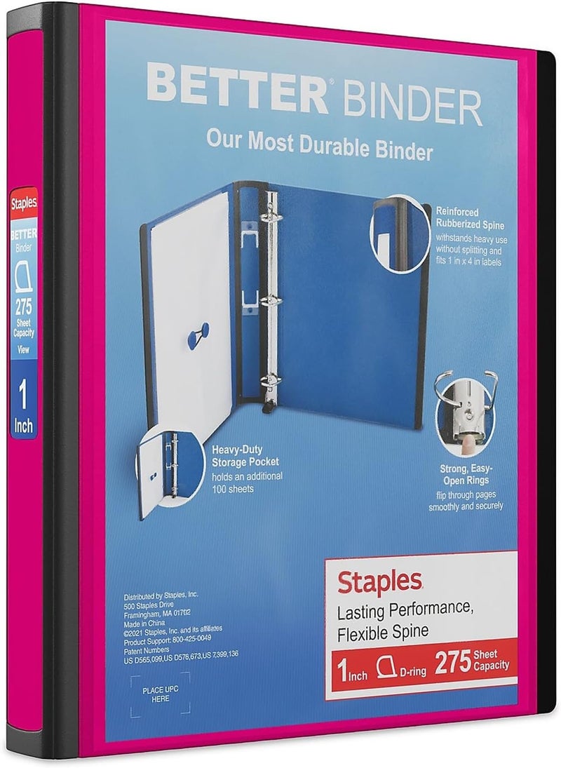 Staples 651744 Better View 1-Inch D 3-Ring Binder Pink (13568-CC) - Image 1