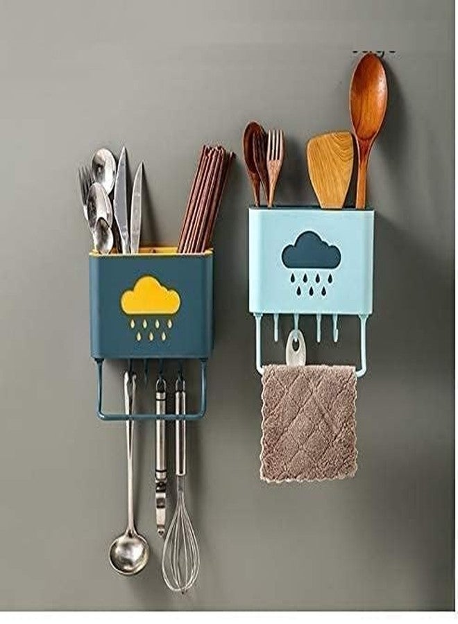 STHITI Cloud Plastic Cutlery Holder for Kitchen Spoon Holder for Kitchen Wall Hanging 4 Hooks with Towel Holder for Kitchen Wall Mounted Self Adhesive - Multicolour (1pcs) - Image 4