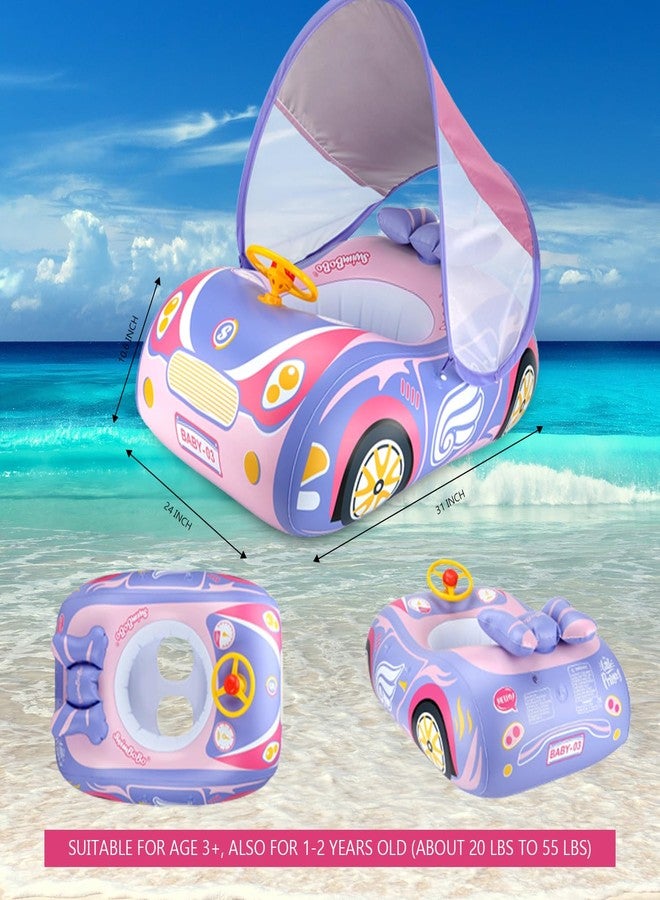 BOffer Baby Pool Float with Canopy, PVC Baby Swim Float with Sun Shade Cover, 3D Car Toddler Pool Float Swimming Floats Seat Boat for 12-18, 12-24 Months, Age 2-3, 1-4 Years (Pink Canopy) - Image 2