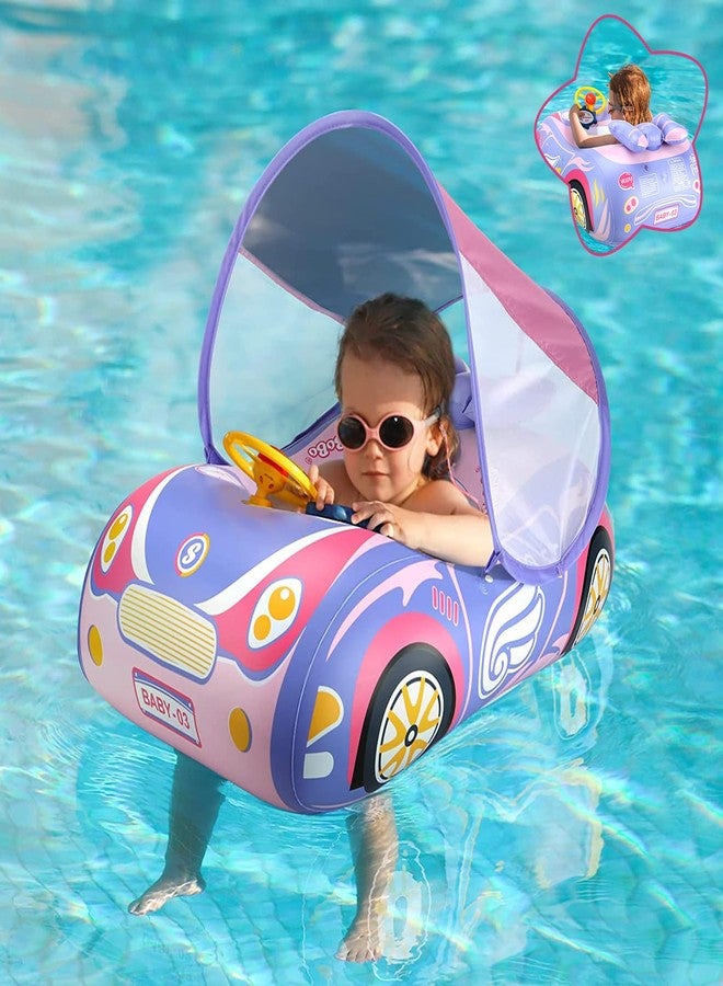BOffer Baby Pool Float with Canopy, PVC Baby Swim Float with Sun Shade Cover, 3D Car Toddler Pool Float Swimming Floats Seat Boat for 12-18, 12-24 Months, Age 2-3, 1-4 Years (Pink Canopy) - Image 1