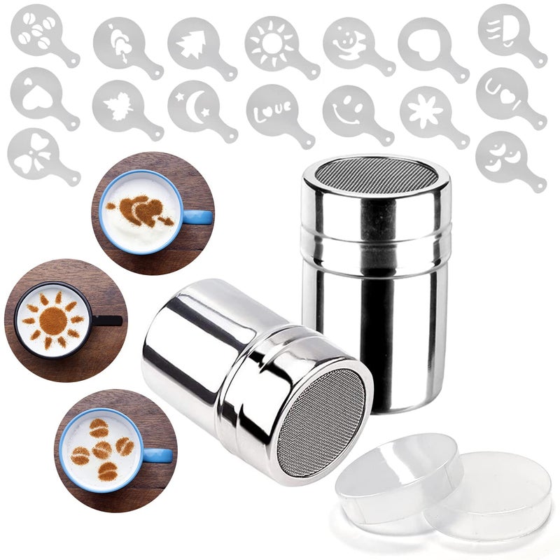 Mauts-Inus 2 Pack Chocolate Shaker Dusters Mesh Powder Shaker Shaker 16 Coffee Templates Set For Syrup Cream Powderedsugar Cocoa Cappuccino For Kitchen Drinks Baking (18) - Image 1