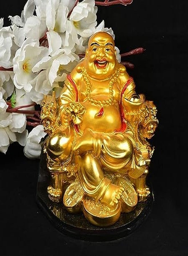 HC VILLA Feng Shui Laughing Buddha Happy Man for Happiness and Money Wealth Sitting on Chair, Golden - Image 2