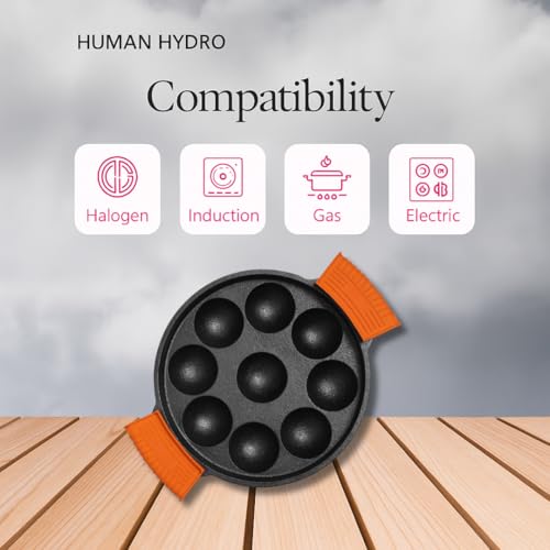 Human Hydro Pre-Seasoned Cast Iron Paniyaram Pan (9-Pit, 21CM) with Glass Lid & Silicone Grips | Naturally Non-Stick | Induction & Gas Compatible | Ideal for Appam, Paddu & Kuzhi Paniyaram - Image 3