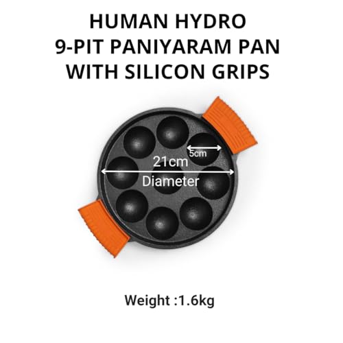 Human Hydro Pre-Seasoned Cast Iron Paniyaram Pan (9-Pit, 21CM) with Glass Lid & Silicone Grips | Naturally Non-Stick | Induction & Gas Compatible | Ideal for Appam, Paddu & Kuzhi Paniyaram - Image 2