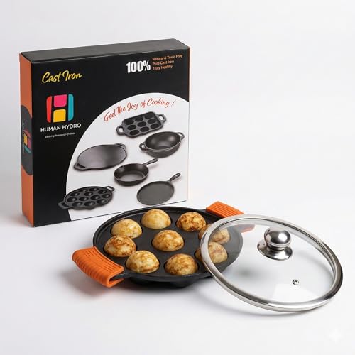 Human Hydro Pre-Seasoned Cast Iron Paniyaram Pan (9-Pit, 21CM) with Glass Lid & Silicone Grips | Naturally Non-Stick | Induction & Gas Compatible | Ideal for Appam, Paddu & Kuzhi Paniyaram - Image 1