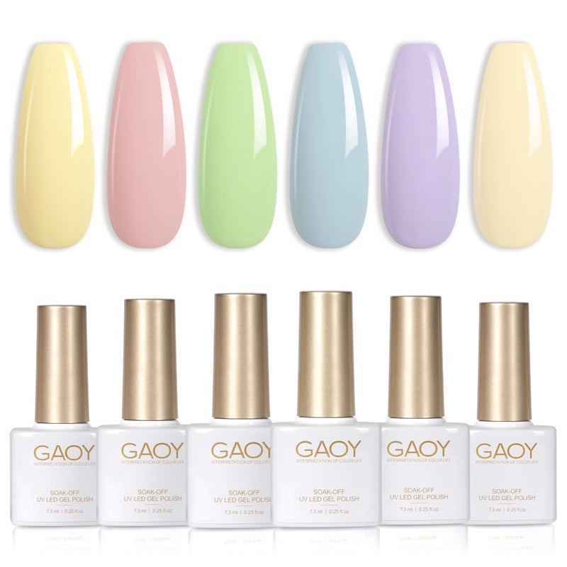 GAOY Pastel Pink Blue Gel Nail Polish Set, 6 Colors Green Yellow Nude Spring Soak Off UV Light Cure Gel Polish Kit for Salon and Nail Art DIY at Home - Image 1