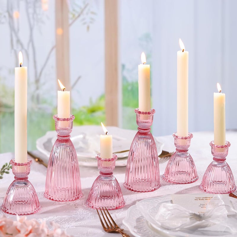 LAMORGIFT Pink Candle Holder Set of 6-4pcs 3.5"& 2pcs 6" Assorted Glass Pink Candlesticks Holder for Wedding Decor, Ribbed Taper Candle Holders Bulk for Bridal Shower, Home Table Centerpieces - Image 5