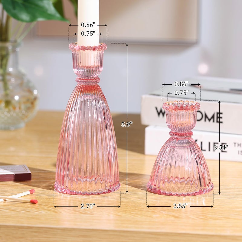 LAMORGIFT Pink Candle Holder Set of 6-4pcs 3.5"& 2pcs 6" Assorted Glass Pink Candlesticks Holder for Wedding Decor, Ribbed Taper Candle Holders Bulk for Bridal Shower, Home Table Centerpieces - Image 2