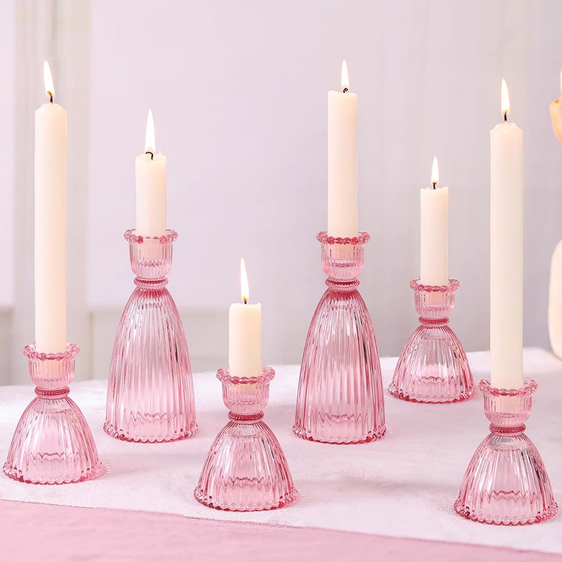LAMORGIFT Pink Candle Holder Set of 6-4pcs 3.5"& 2pcs 6" Assorted Glass Pink Candlesticks Holder for Wedding Decor, Ribbed Taper Candle Holders Bulk for Bridal Shower, Home Table Centerpieces - Image 1