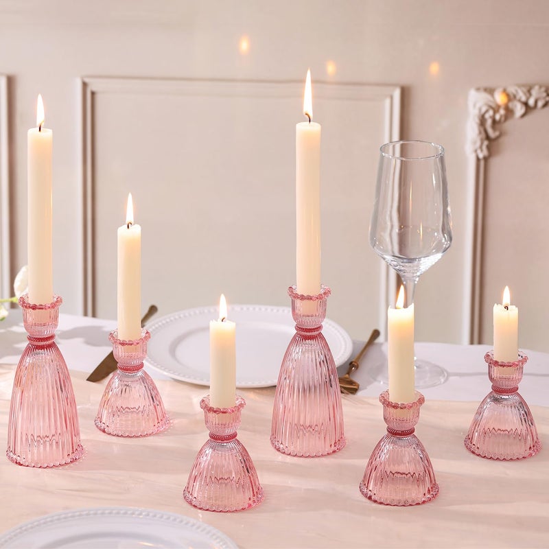 LAMORGIFT Pink Candle Holder Set of 6-4pcs 3.5"& 2pcs 6" Assorted Glass Pink Candlesticks Holder for Wedding Decor, Ribbed Taper Candle Holders Bulk for Bridal Shower, Home Table Centerpieces - Image 3