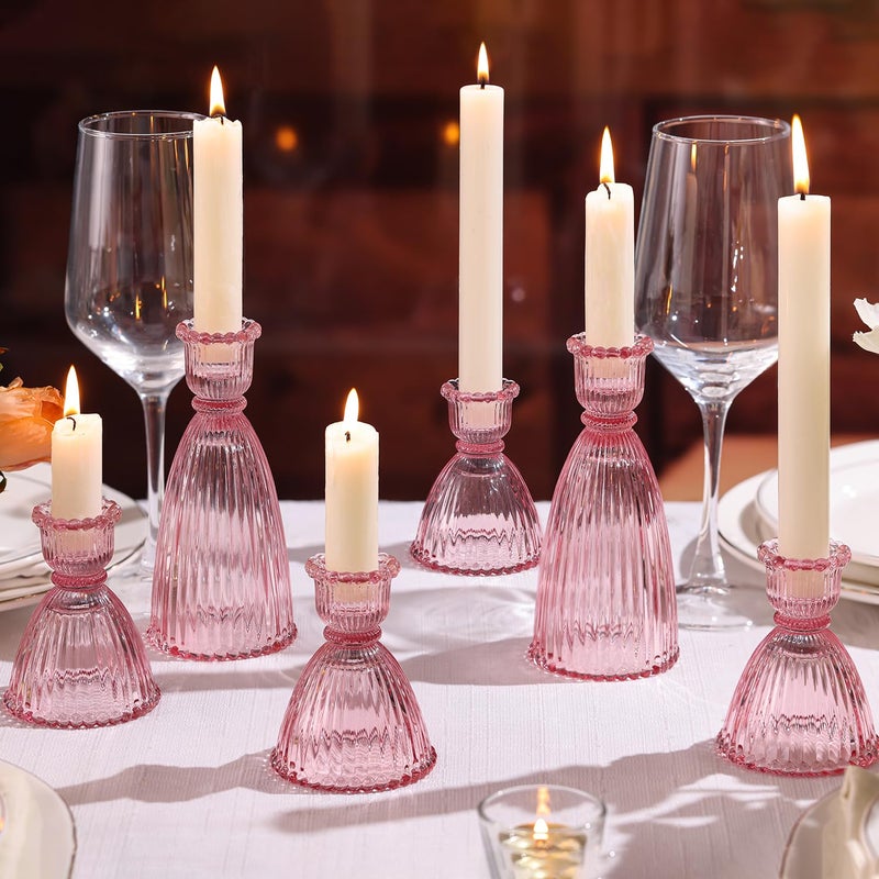 LAMORGIFT Pink Candle Holder Set of 6-4pcs 3.5"& 2pcs 6" Assorted Glass Pink Candlesticks Holder for Wedding Decor, Ribbed Taper Candle Holders Bulk for Bridal Shower, Home Table Centerpieces - Image 4