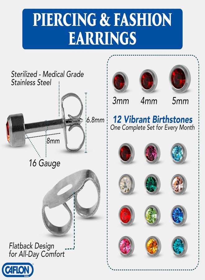 Caflon Bezel Style Earrings | 4mm Stainless Steel Studs | Assorted 12 Birthstones | Hypoallergenic, Comfortable Fit Multipack | Pack of 12 - Image 3