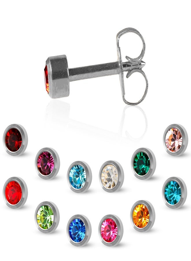 Caflon Bezel Style Earrings | 4mm Stainless Steel Studs | Assorted 12 Birthstones | Hypoallergenic, Comfortable Fit Multipack | Pack of 12 - Image 1