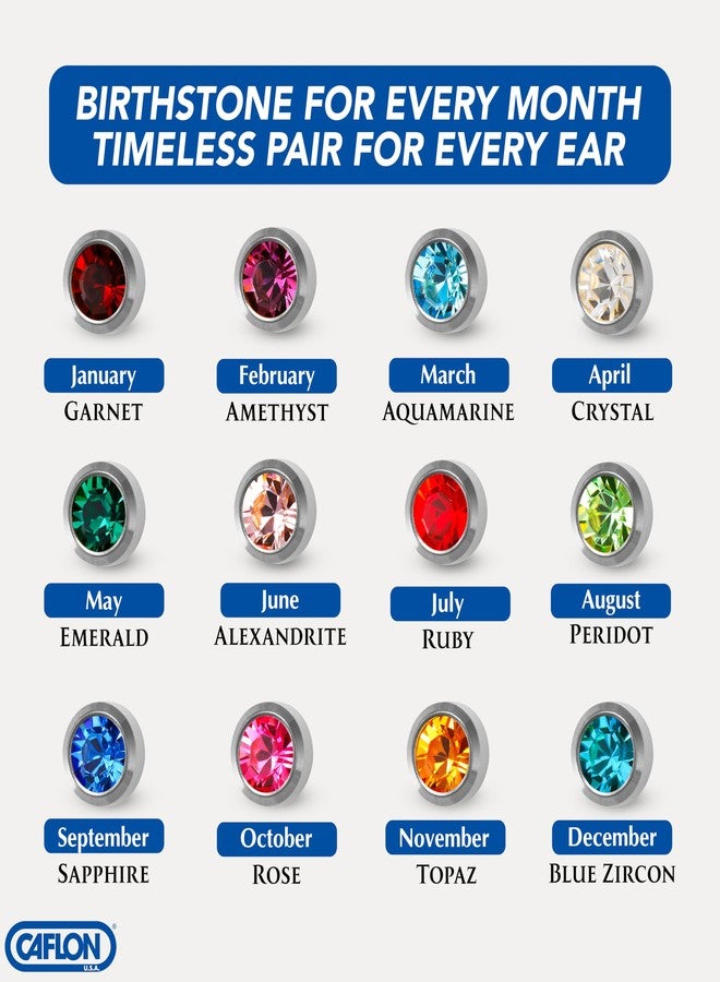 Caflon Bezel Style Earrings | 4mm Stainless Steel Studs | Assorted 12 Birthstones | Hypoallergenic, Comfortable Fit Multipack | Pack of 12 - Image 2