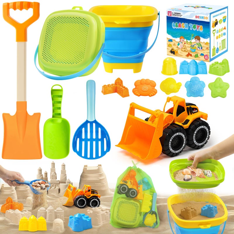 DISHIO Collapsible Beach Sand Toys Set for Kids Includes Bucket Mesh Shovel Filter Scooper Castle Molds Toddler Beach Toys for 13 Kids Ages 48 with Mesh Bag Summer Outdoor Beach Essentials - Image 2