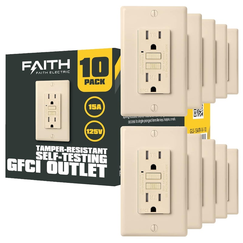 Faith 15A GFCI Outlet ETL Listed TamperResistant GFI Duplex Receptacles with LED Indicator SelfTest Ground Fault Circuit Interrupter with Wall Plate 10Pack Ivory - Image 1