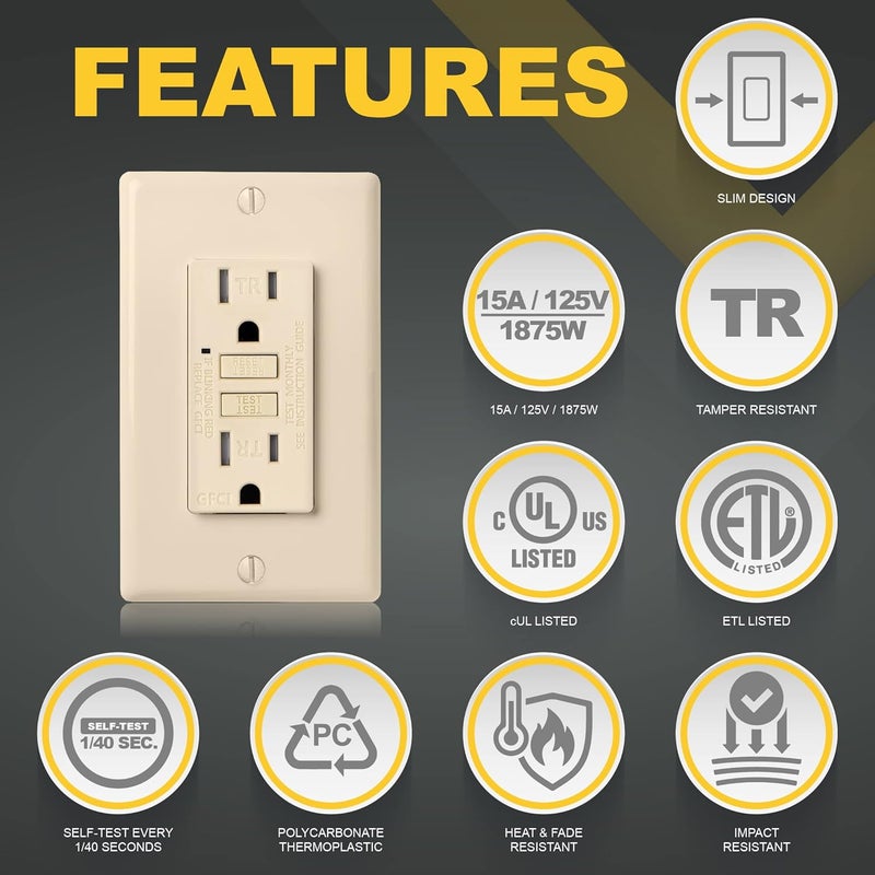 Faith 15A GFCI Outlet ETL Listed TamperResistant GFI Duplex Receptacles with LED Indicator SelfTest Ground Fault Circuit Interrupter with Wall Plate 10Pack Ivory - Image 3
