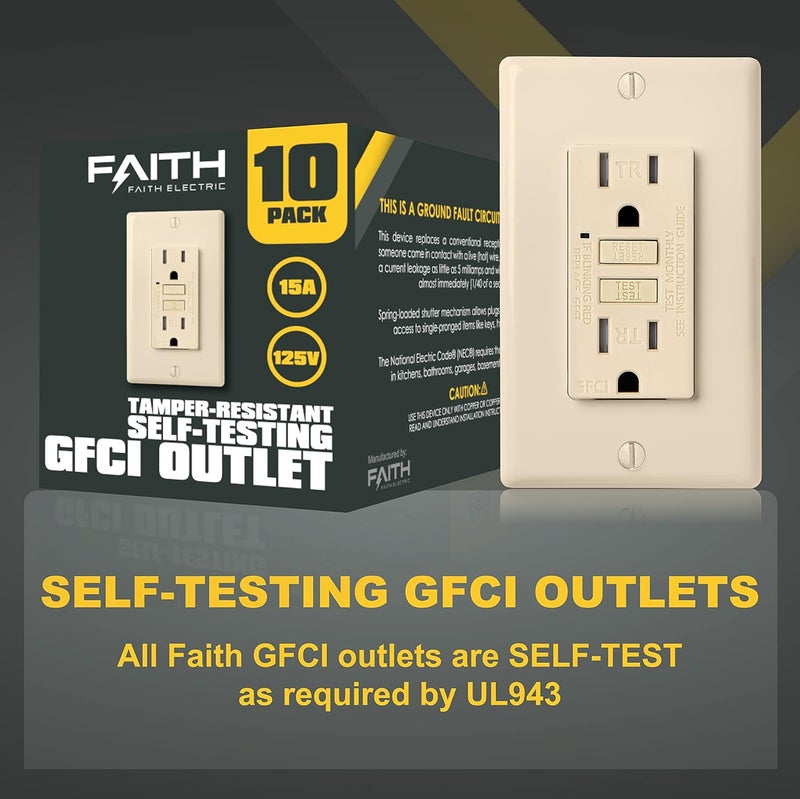 Faith 15A GFCI Outlet ETL Listed TamperResistant GFI Duplex Receptacles with LED Indicator SelfTest Ground Fault Circuit Interrupter with Wall Plate 10Pack Ivory - Image 2