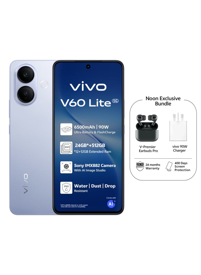 فيفو V60 لايت AI 5G ثنائي الشريحة تيتانيوم أزرق 12 جيجابايت RAM 512 جيجابايت مع هدايا حصرية سماعات أذن برو، يدعم شاحن 90 واط وضمان 24 شهرًا + 400 يوم من حماية الشاشة - نسخة الشرق الأوسط - Image 1