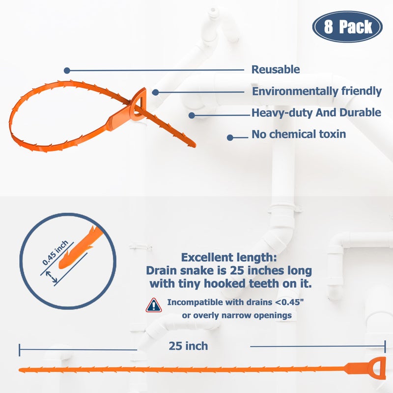 KeyFar 8 Pack 25inch Drain Snake Clog Remover, Drain Hair Remover, Sink Snake Drain Auger Cleaner Tool For Bath Tub, Toilet, Kitchen Sink, Sewer - Image 2