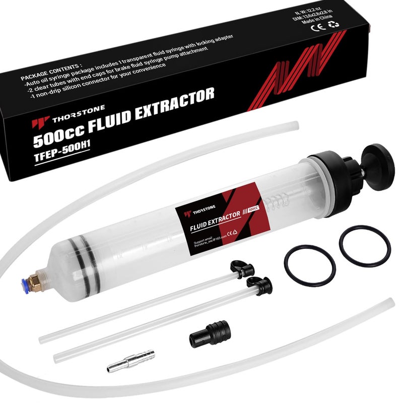 Thorstone 500cc Automotive Fluid Extractor Pump Manual Oil Change Syringe with 50cm Rubber Hose 2pcs 22cm PVC Suction Tubes