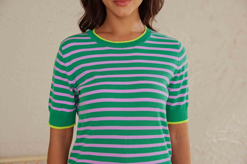 Lafural 3/4 Length Sleeve Womens Tops Summer Short Sleeve Shirts Striped Sweater Cute Casual Top Trendy Women Clothing Crewneck Knit Blouses Rainbow XL - Image 4