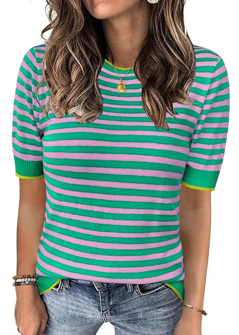 Lafural 3/4 Length Sleeve Womens Tops Summer Short Sleeve Shirts Striped Sweater Cute Casual Top Trendy Women Clothing Crewneck Knit Blouses Rainbow XL - Image 1