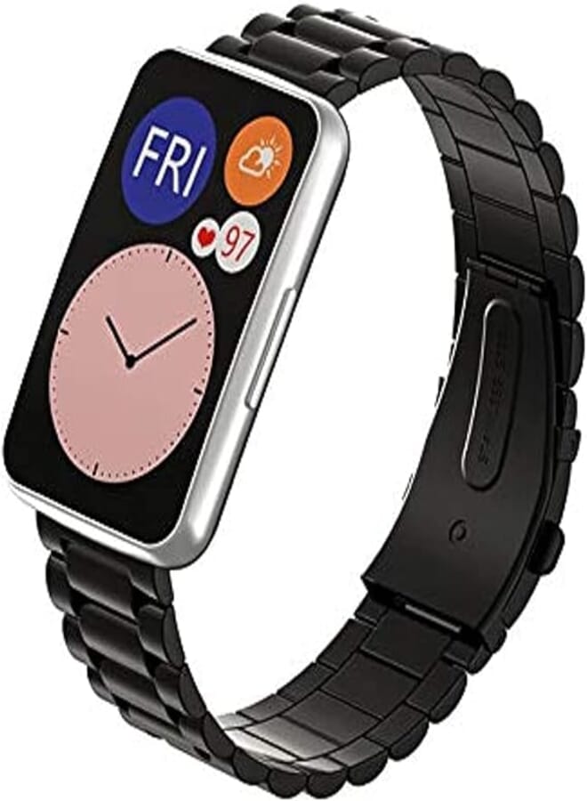 Dado Replacement Stainless steel Band compatible with Huawei Fit Watch, 3 beads stainless steel strap (Black)