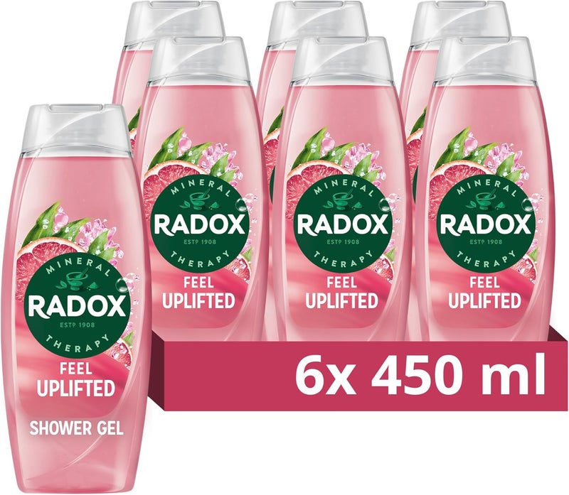 Radox Feel Uplifted Body Wash shower gel with a grapefruit ginger fragrance for a refreshing shower experience 6x 450 ml