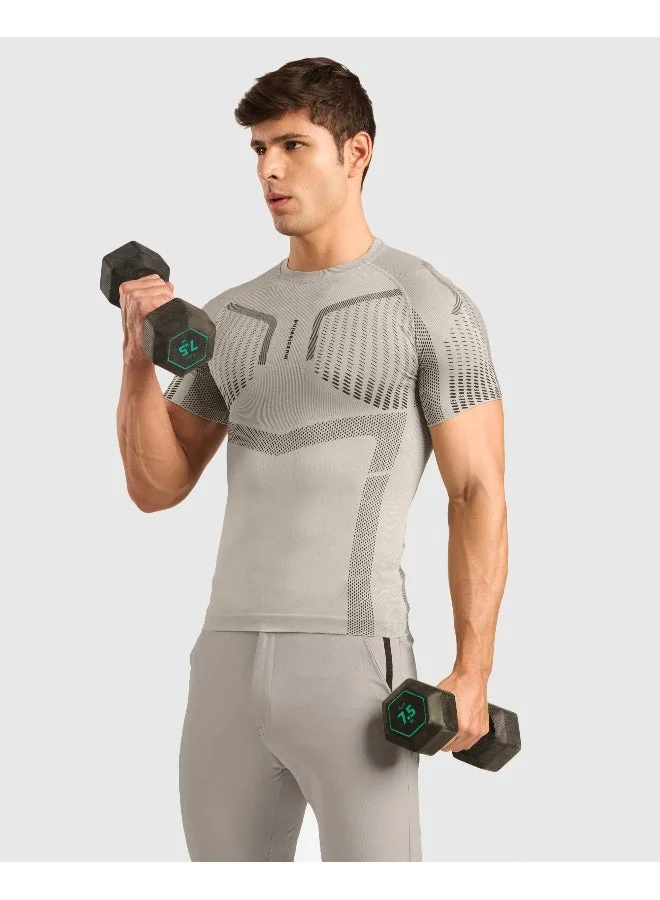 Musclemind Seamless Compression Half Sleeve T-Shirt with Ribbed Panels for Posture Assistance, Breathable Mesh, Quick Drying, Anti-Static, Anti-Odour, Anti-Microbial And 4-Way Stretchable