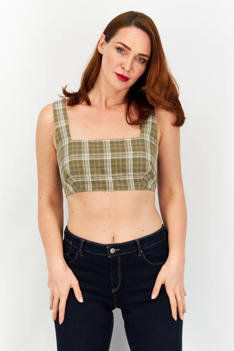 Asos Design Women Square Neck Sleeveless Checkered Cropped Top, Khaki - Image 1