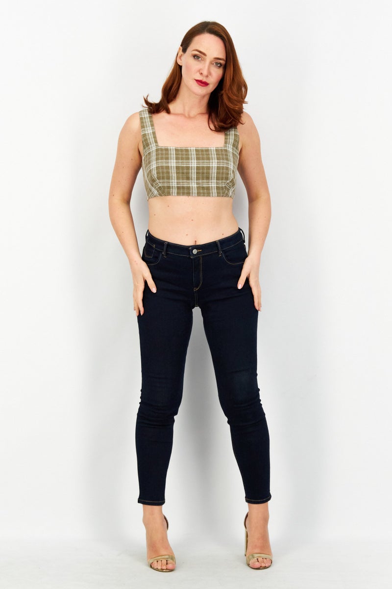 Asos Design Women Square Neck Sleeveless Checkered Cropped Top, Khaki - Image 3