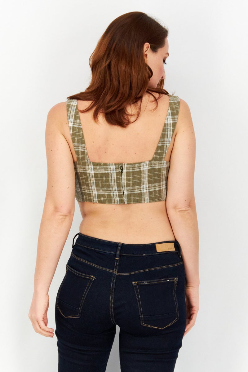 Asos Design Women Square Neck Sleeveless Checkered Cropped Top, Khaki - Image 4
