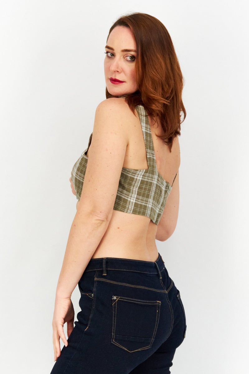 Asos Design Women Square Neck Sleeveless Checkered Cropped Top, Khaki - Image 2