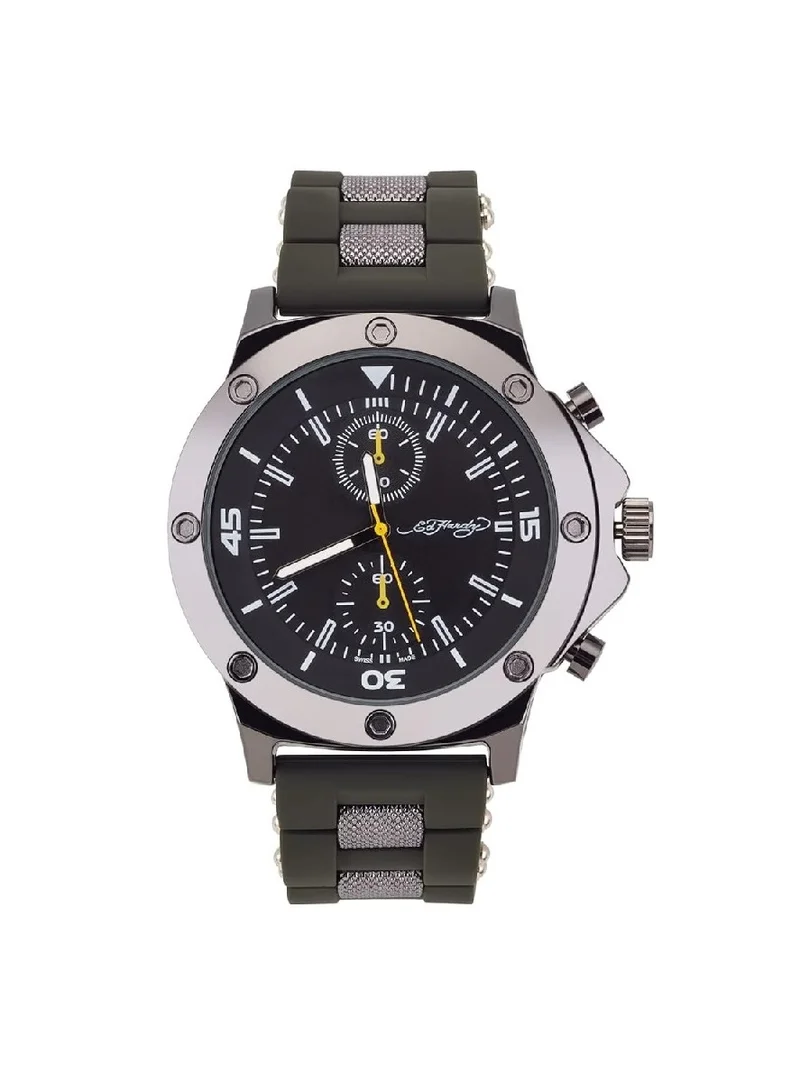 Ed Hardy Ed Hardy Men'S Analog Watch with Olive Silicone strap and Matte Black 3d Texture Metal Alloy Bracelet, 50443B-42-G25