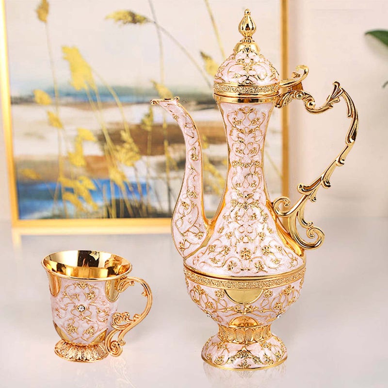 Igtazy Turkish Coffee Cup and Tea Pot Set Including Teapot,Tea Tray,6 Metal Cups,Tea Service Set for Tea Table Decor,Hip Flask (White and Gold) - Image 3