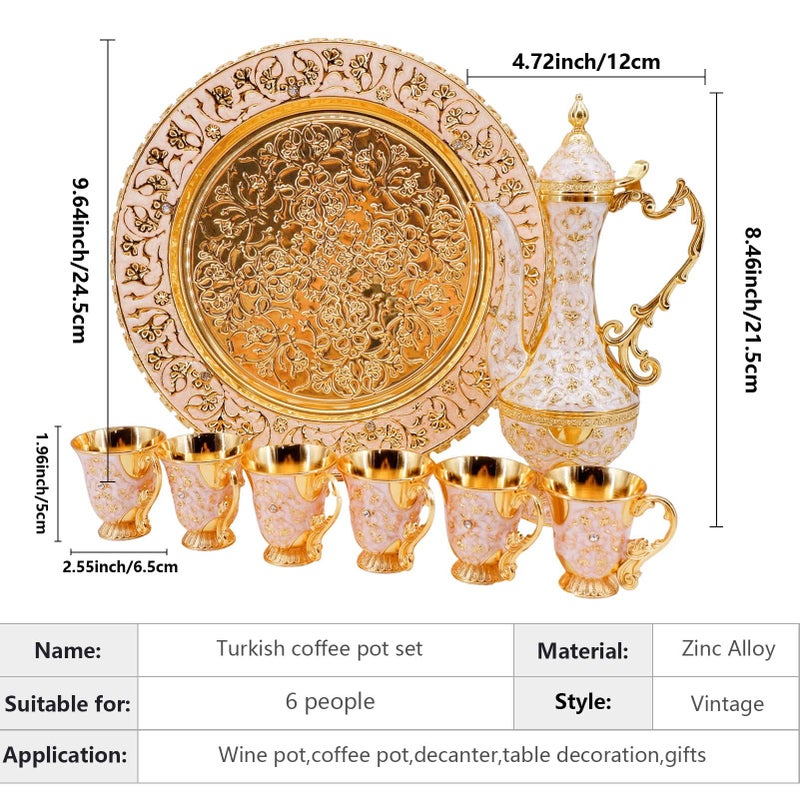 Igtazy Turkish Coffee Cup and Tea Pot Set Including Teapot,Tea Tray,6 Metal Cups,Tea Service Set for Tea Table Decor,Hip Flask (White and Gold) - Image 2