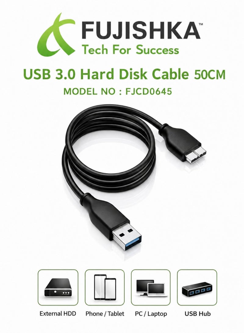 فوجيشكا كابل USB 3.0 لنقل بيانات القرص الصلب الخارجي عالي السرعة بطول 50 سم (FJCD0645) - أسود - Image 1