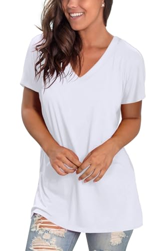 Sipaya Womens T Shirts Deep V Neck Short Sleeve Simple Basic Tops Summer Tees Cruise Outfits for Women 2025 White XL - Image 3