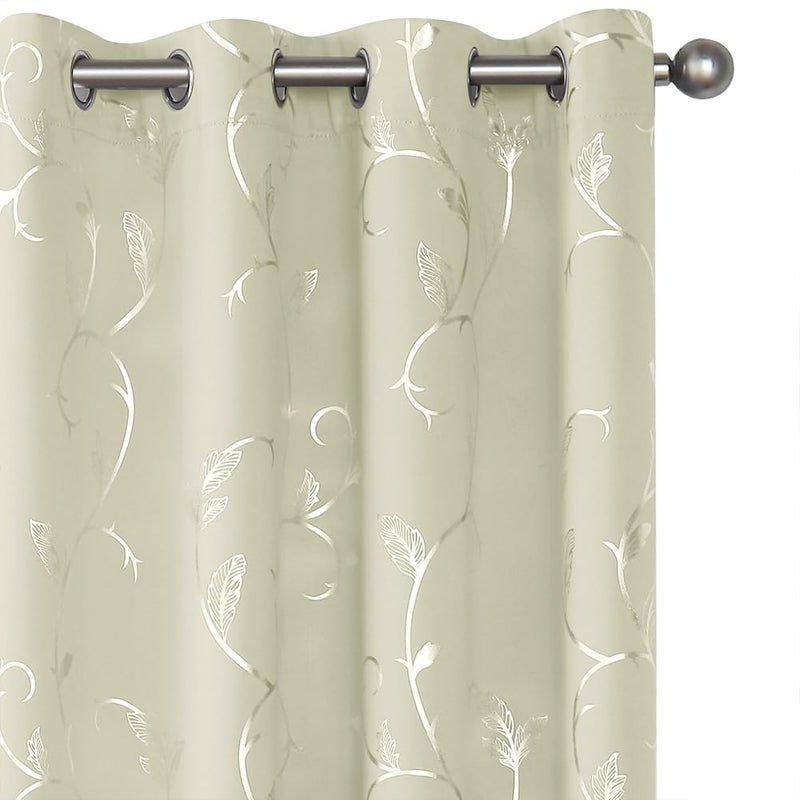 BUHUA Blackout Curtains Silver Foil Print Flower Vine Grommet Drapes, Room Darkening Thermal Insulated Curtains, Noise Reducing Curtain for Bedroom, Cream, 52Wx63L, 2 Panels - Image 1