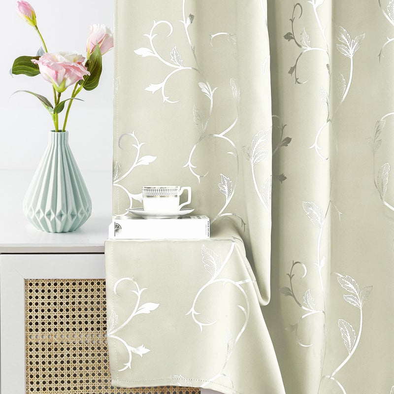 BUHUA Blackout Curtains Silver Foil Print Flower Vine Grommet Drapes, Room Darkening Thermal Insulated Curtains, Noise Reducing Curtain for Bedroom, Cream, 52Wx63L, 2 Panels - Image 4
