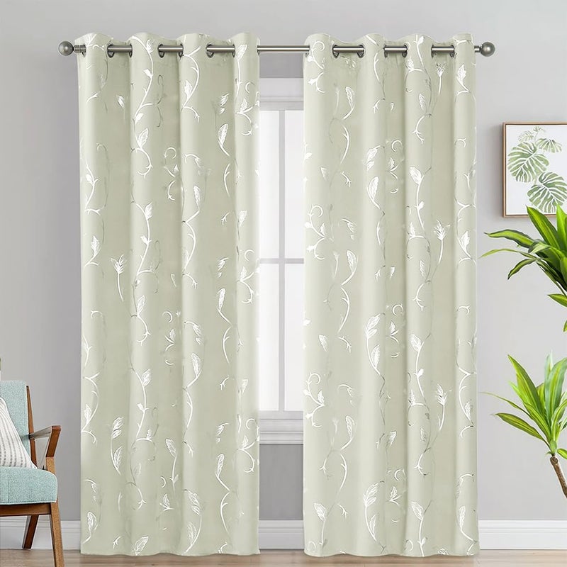 BUHUA Blackout Curtains Silver Foil Print Flower Vine Grommet Drapes, Room Darkening Thermal Insulated Curtains, Noise Reducing Curtain for Bedroom, Cream, 52Wx63L, 2 Panels - Image 2