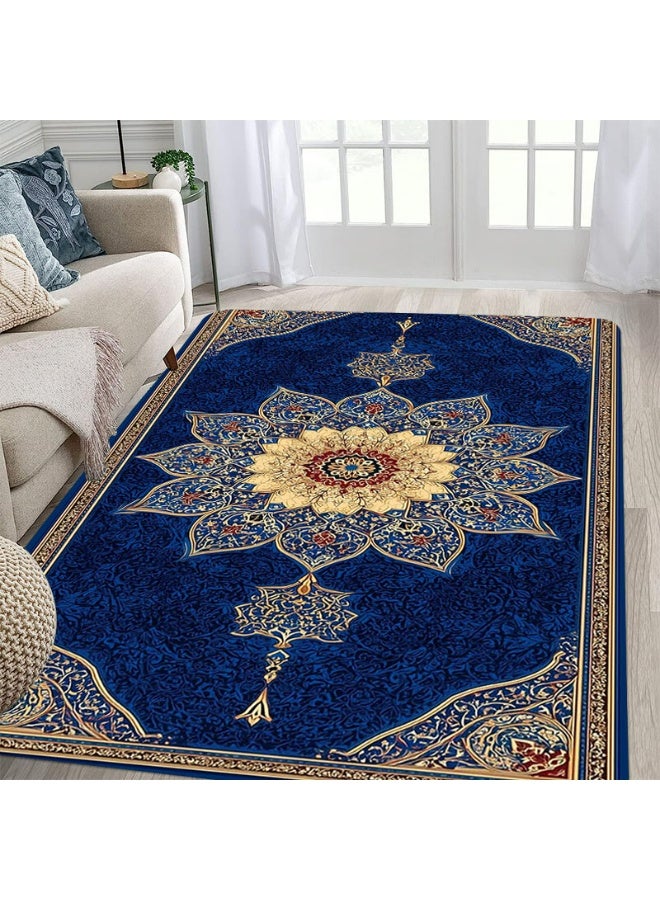 Mandala Floral Arabic Pattern Area Rug - Blue & Gold Polyester Mat for Home Decor - Image 3