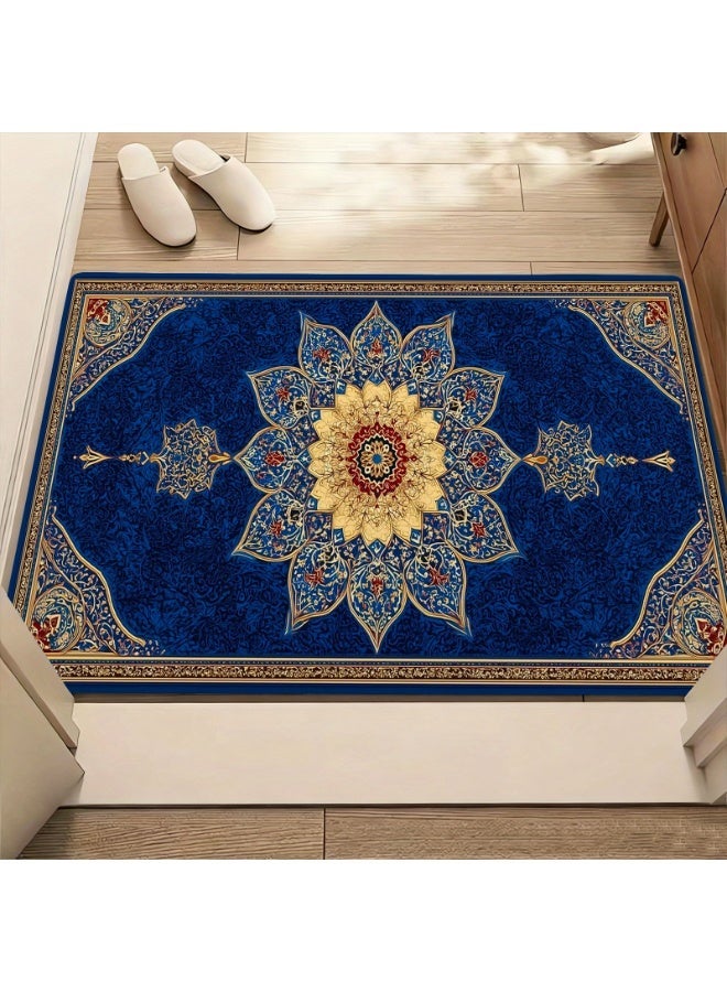 Mandala Floral Arabic Pattern Area Rug - Blue & Gold Polyester Mat for Home Decor - Image 2