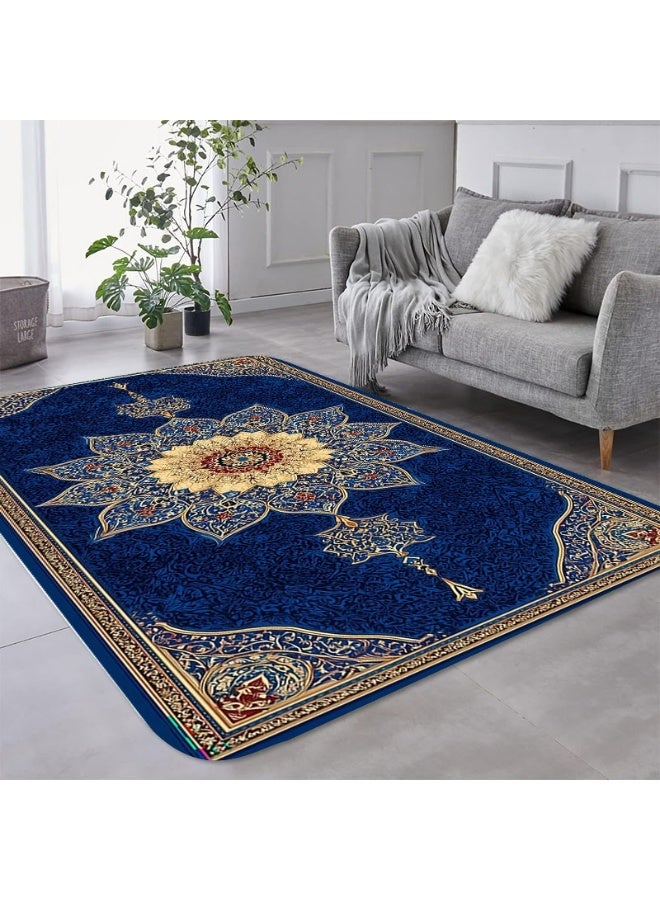 Mandala Floral Arabic Pattern Area Rug - Blue & Gold Polyester Mat for Home Decor - Image 1