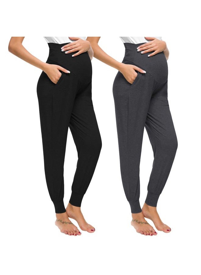 Liu & Qu Maternity Women's Casual Pants Stretchy Comfortable Lounge Pants, 1.black+dark Grey, L - Image 1