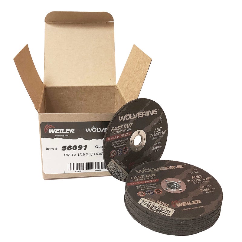 Weiler 56091 3" x 1/16" Wolverine Type 1 Cut-Off Wheel, A36T, 3/8" A.H. 10 Pack - Image 1