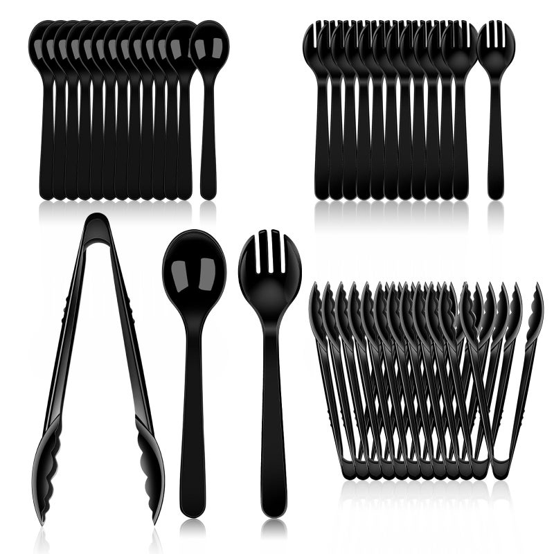 36 PCS Disposable Serving Utensils for Party  12 Set Including Black Plastic Spoons Tongs and Forks