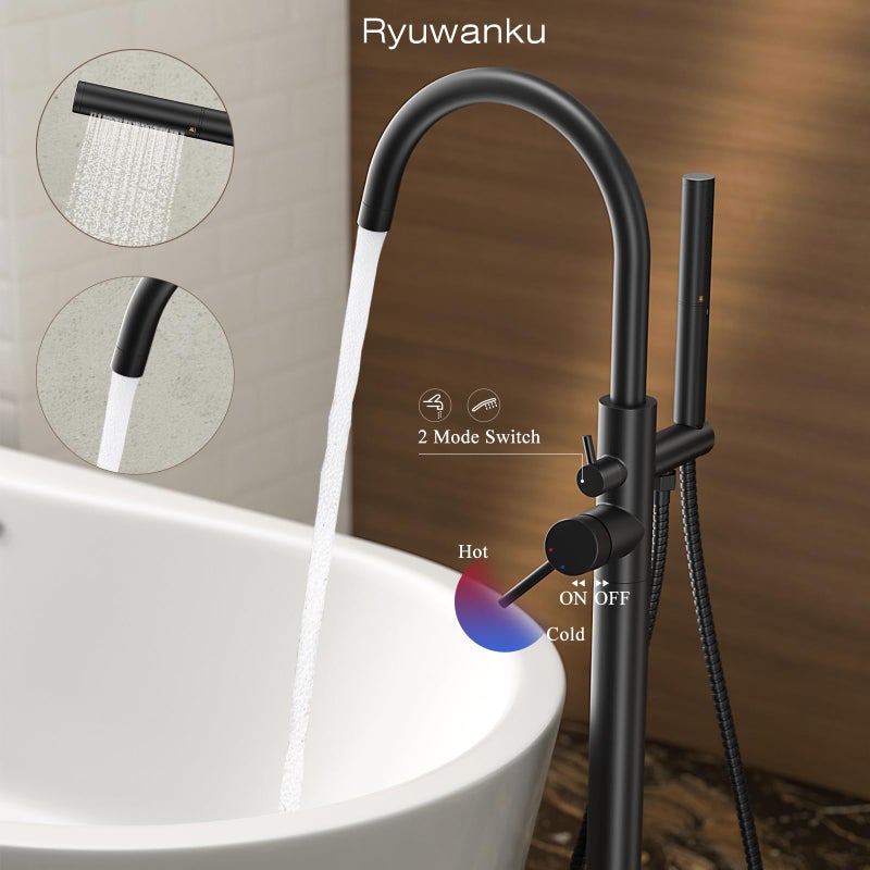 Ryuwanku Freestanding Bathtub Faucet Matte Black Tub Filler Floor Mount Free Standing Metal Bathroom Tub Gooseneck Spout With 2 Function Hand Shower - Image 4