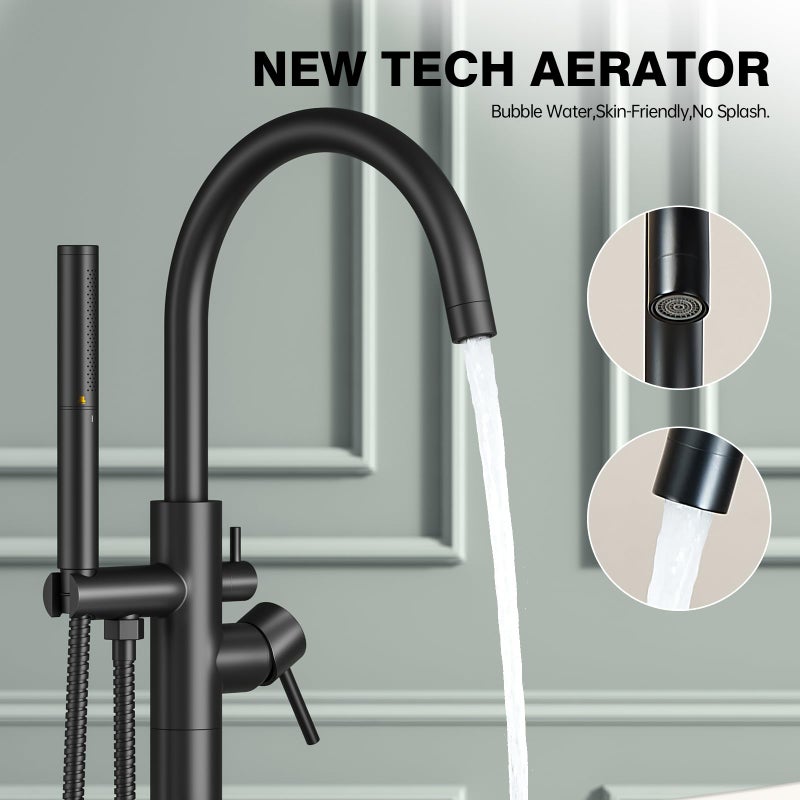 Ryuwanku Freestanding Bathtub Faucet Matte Black Tub Filler Floor Mount Free Standing Metal Bathroom Tub Gooseneck Spout With 2 Function Hand Shower - Image 5